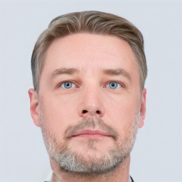 Neutral white adult male with short  brown hair and grey eyes