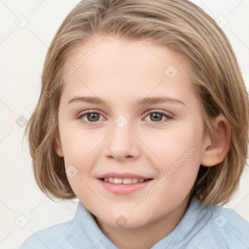 Joyful white child female with medium  brown hair and grey eyes