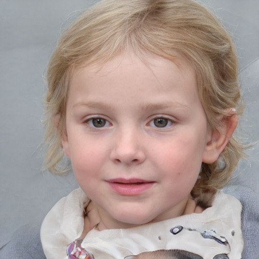 Joyful white child female with medium  brown hair and blue eyes