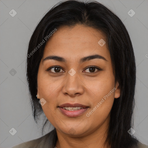 Joyful asian young-adult female with medium  black hair and brown eyes