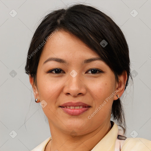 Joyful asian young-adult female with medium  brown hair and brown eyes