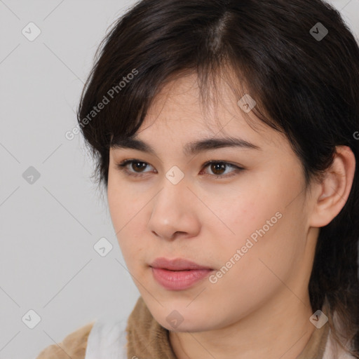 Neutral white young-adult female with medium  brown hair and brown eyes