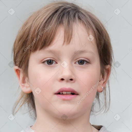 Neutral white child female with medium  brown hair and blue eyes