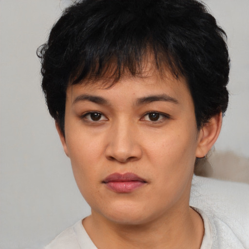 Neutral asian young-adult female with short  brown hair and brown eyes