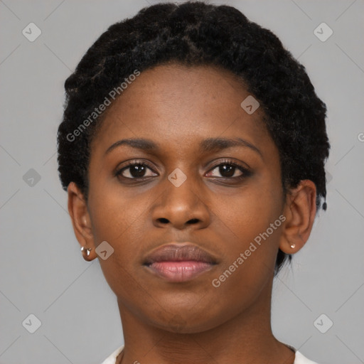 Neutral black young-adult female with short  brown hair and brown eyes