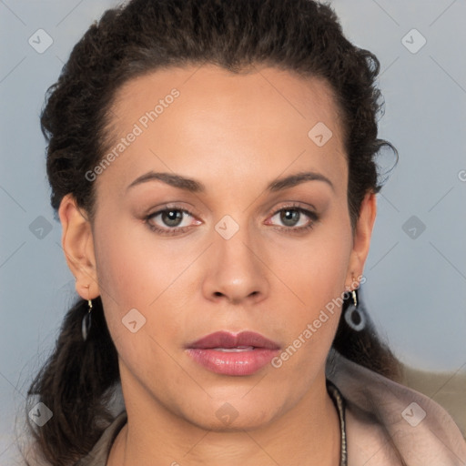 Neutral white young-adult female with short  brown hair and brown eyes