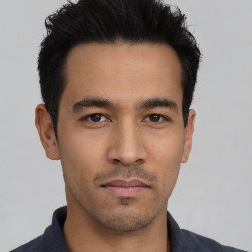 Neutral asian young-adult male with short  black hair and brown eyes