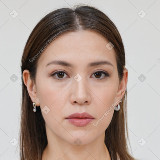 Neutral white young-adult female with long  brown hair and brown eyes