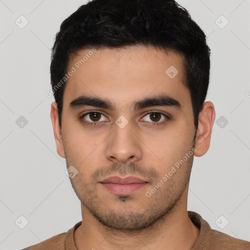 Neutral latino young-adult male with short  black hair and brown eyes