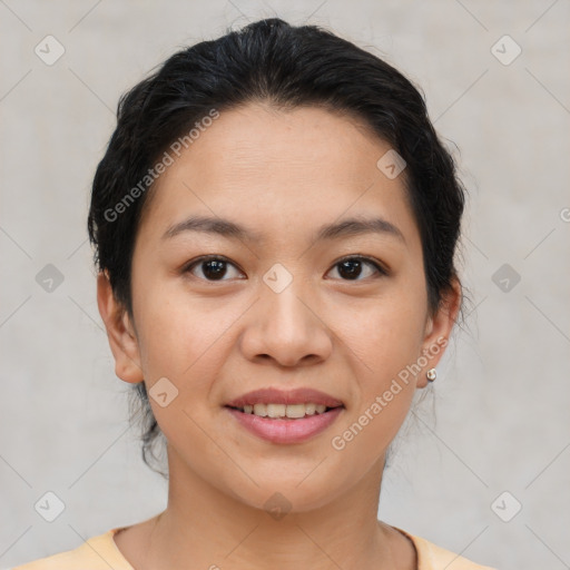 Joyful white young-adult female with short  brown hair and brown eyes