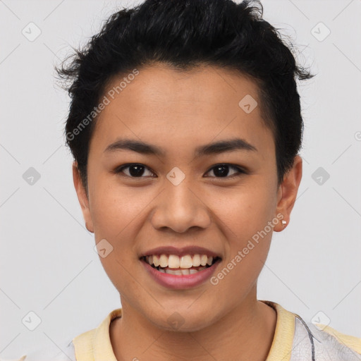 Joyful latino young-adult female with short  black hair and brown eyes