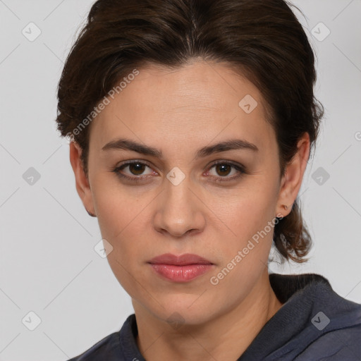 Neutral white young-adult female with short  brown hair and brown eyes