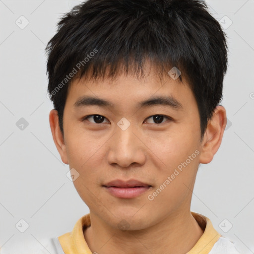 Neutral asian young-adult male with short  brown hair and brown eyes