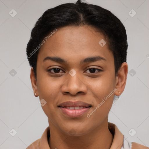 Joyful latino young-adult female with short  brown hair and brown eyes