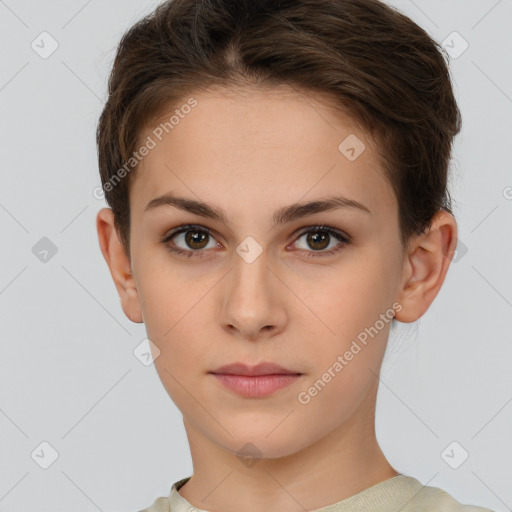 Neutral white young-adult female with short  brown hair and brown eyes