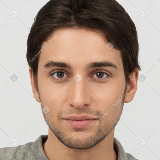 Neutral white young-adult male with short  brown hair and brown eyes