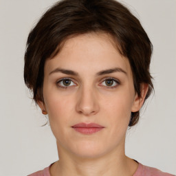 Neutral white young-adult female with short  brown hair and brown eyes