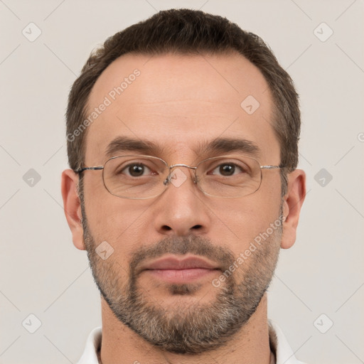 Neutral white adult male with short  brown hair and brown eyes