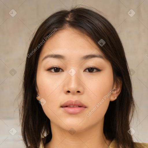 Neutral asian young-adult female with medium  brown hair and brown eyes