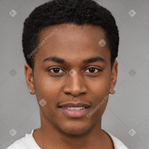 Joyful black young-adult male with short  brown hair and brown eyes