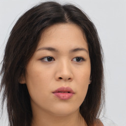 Neutral asian young-adult female with long  brown hair and brown eyes