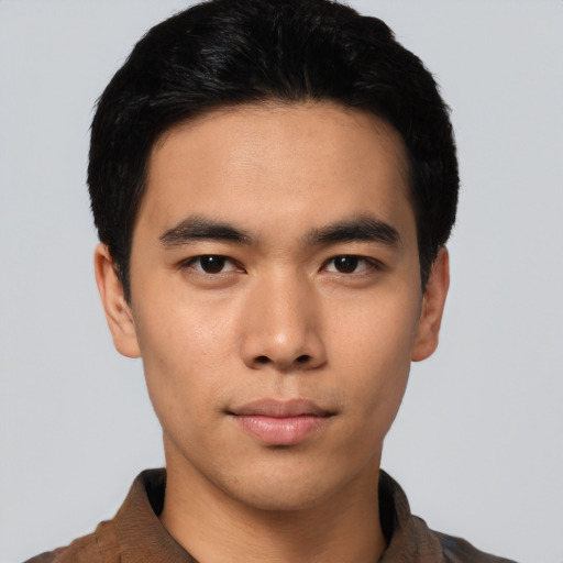 Neutral asian young-adult male with short  black hair and brown eyes