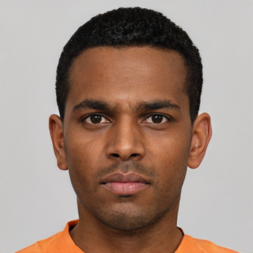 Neutral black young-adult male with short  black hair and brown eyes
