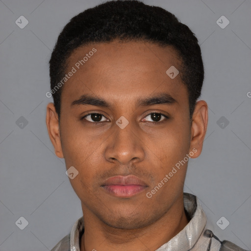 Neutral latino young-adult male with short  black hair and brown eyes