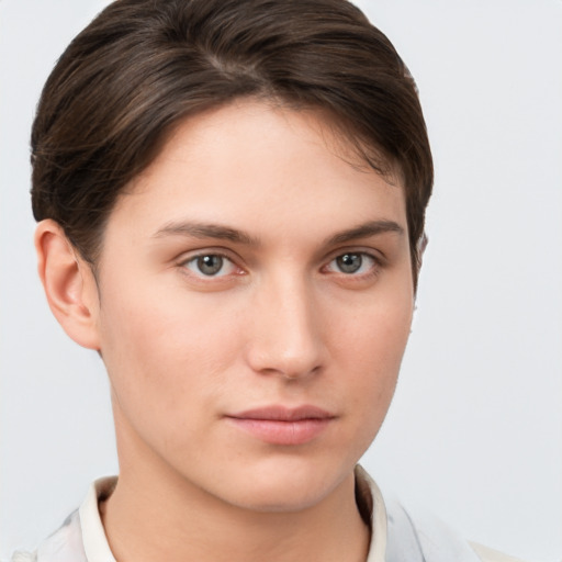 Neutral white young-adult female with short  brown hair and brown eyes