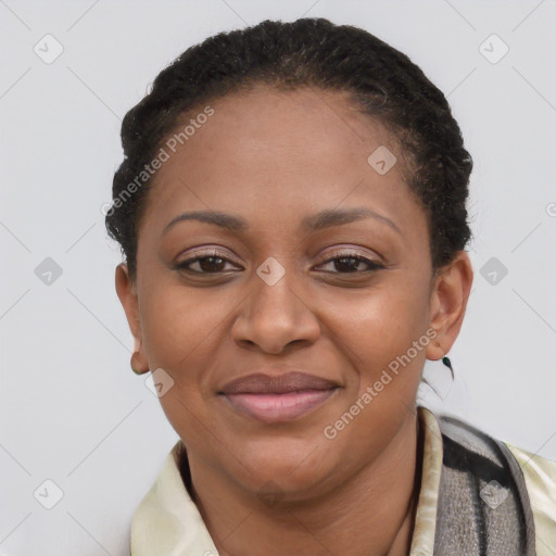 Joyful latino adult female with short  brown hair and brown eyes