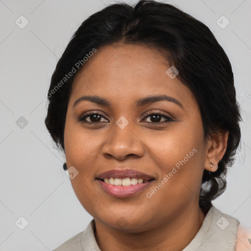 Joyful latino young-adult female with medium  brown hair and brown eyes