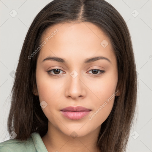 Neutral white young-adult female with long  brown hair and brown eyes