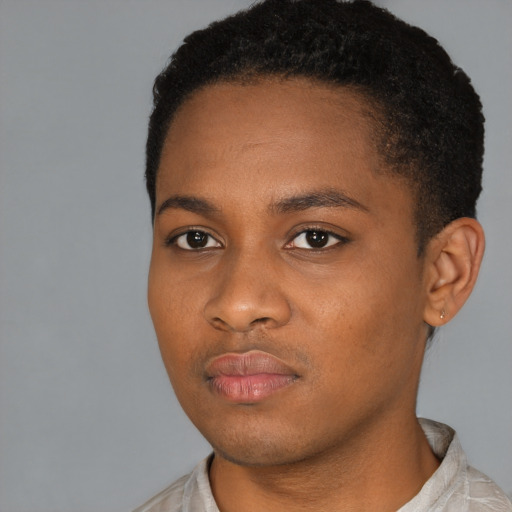 Neutral black young-adult female with short  black hair and brown eyes