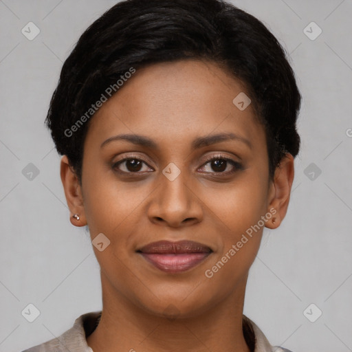 Joyful latino young-adult female with short  brown hair and brown eyes