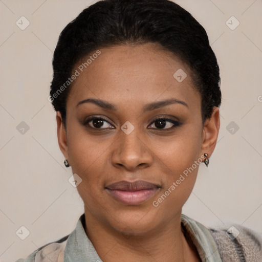 Joyful latino young-adult female with short  black hair and brown eyes