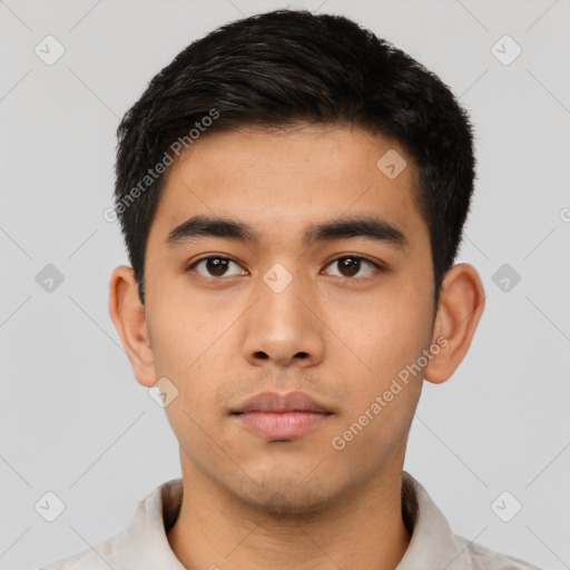 Neutral asian young-adult male with short  black hair and brown eyes