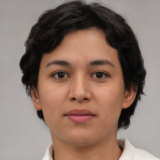 Neutral asian young-adult female with medium  brown hair and brown eyes