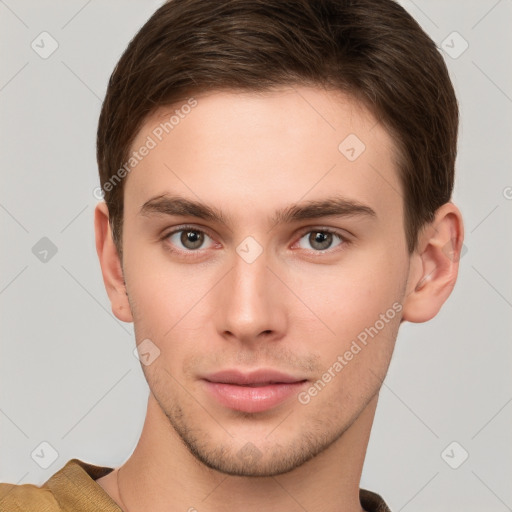 Neutral white young-adult male with short  brown hair and brown eyes