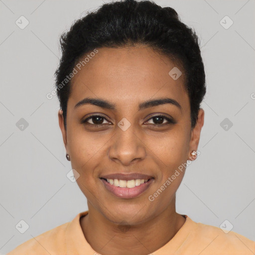 Joyful latino young-adult female with short  black hair and brown eyes