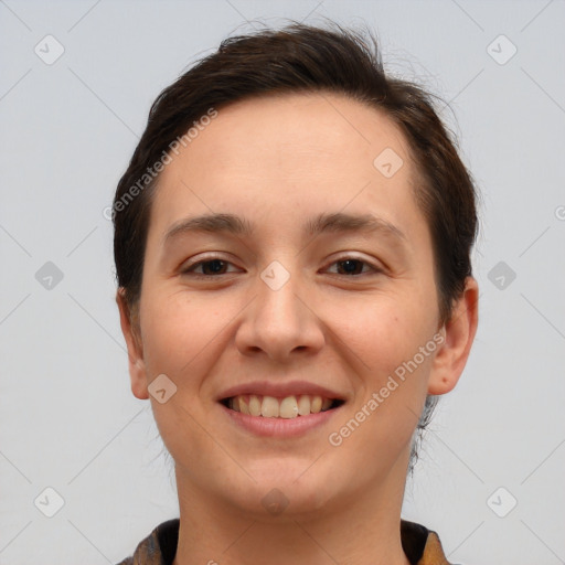 Joyful white young-adult female with short  brown hair and brown eyes