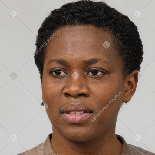 Neutral black young-adult female with short  black hair and brown eyes