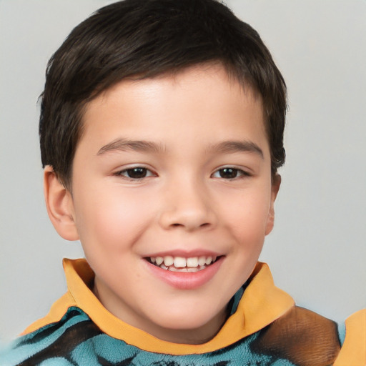 Joyful white child male with short  brown hair and brown eyes