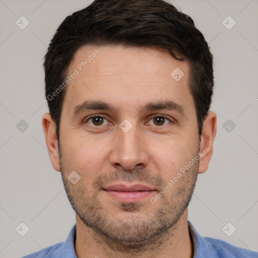 Neutral white young-adult male with short  brown hair and brown eyes