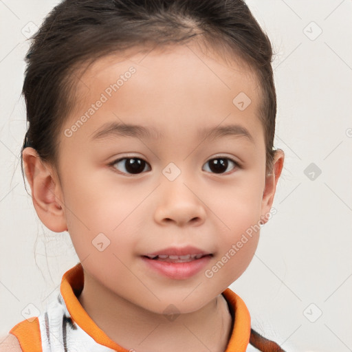 Joyful white child female with short  brown hair and brown eyes