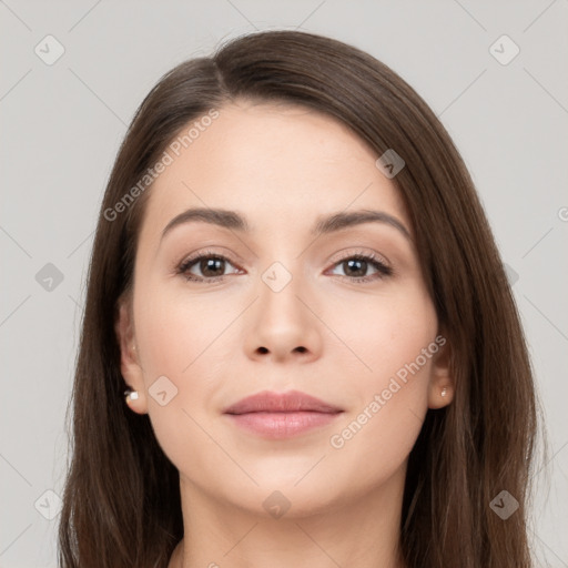 Neutral white young-adult female with long  brown hair and brown eyes