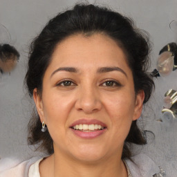 Joyful white adult female with medium  brown hair and brown eyes