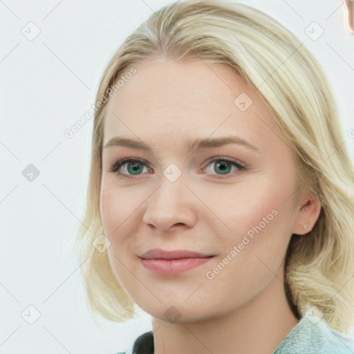 Joyful white young-adult female with medium  brown hair and blue eyes