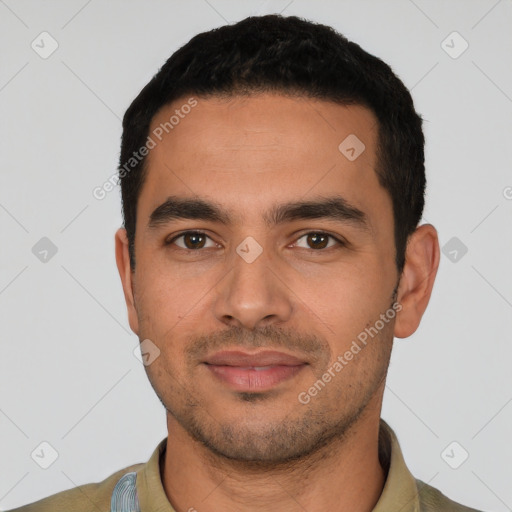 Neutral latino young-adult male with short  black hair and brown eyes