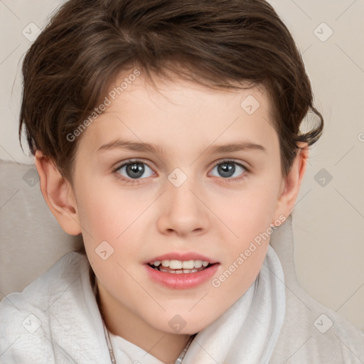 Joyful white child female with short  brown hair and brown eyes