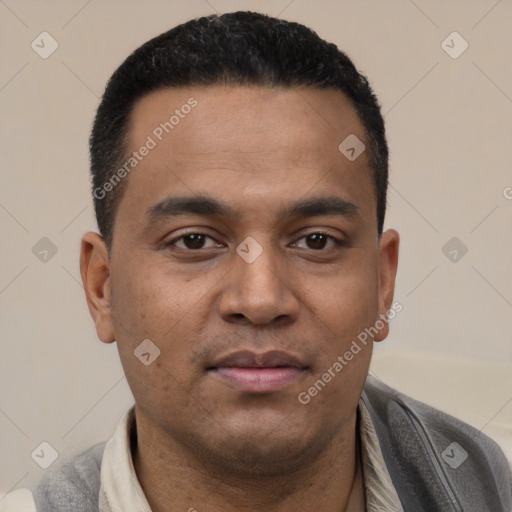 Joyful latino young-adult male with short  black hair and brown eyes